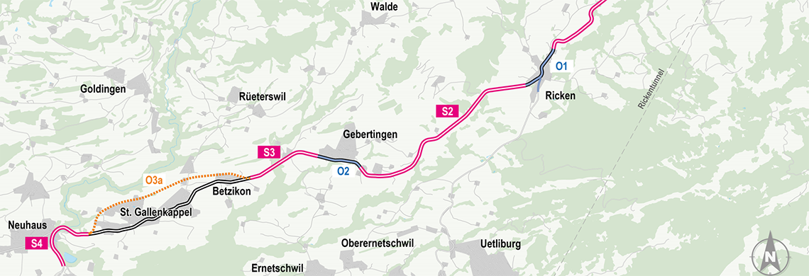 Legende: O1: Betriebs-/Gestaltungskonzept Ricken, O2: Betriebs-/Gestaltungskonzept Gebertingen, O3a: Umfahrung St.Gallenkappel/Betzikon, S1-S4: Ausserortsstrecken